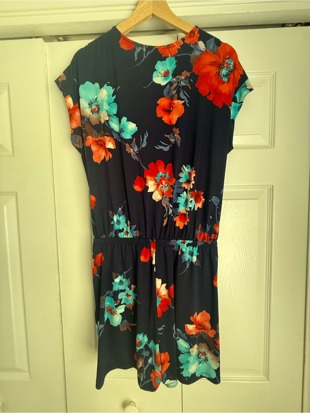 Kaileigh Romper with Teal & Coral Floral Print - Picture 2 of 3